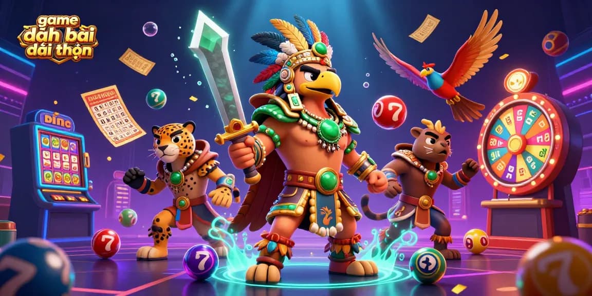 Engage in the thrilling game đánh bài đổi thưởng with colorful lottery elements and dynamic casino characters depicted in a vibrant 3D illustration.