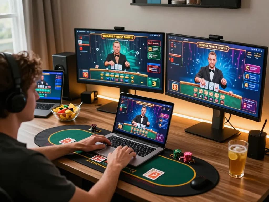 Player engaging in online blackjack at home, using windd for strategic gameplay.
