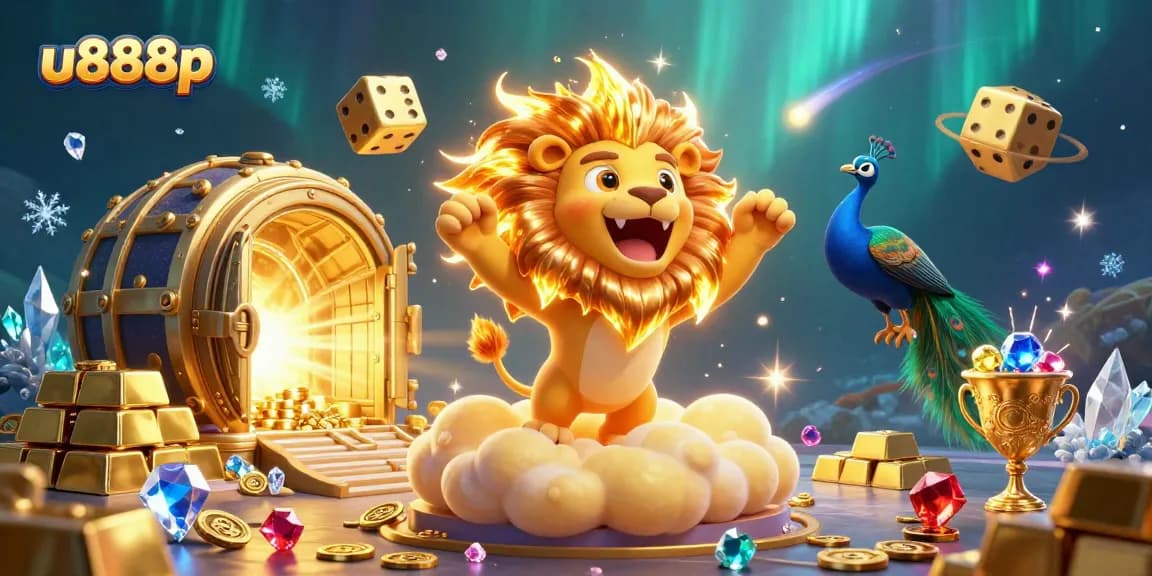 Engage in thrilling gaming adventures with u888p as the radiant lion leads a vibrant casino scene.