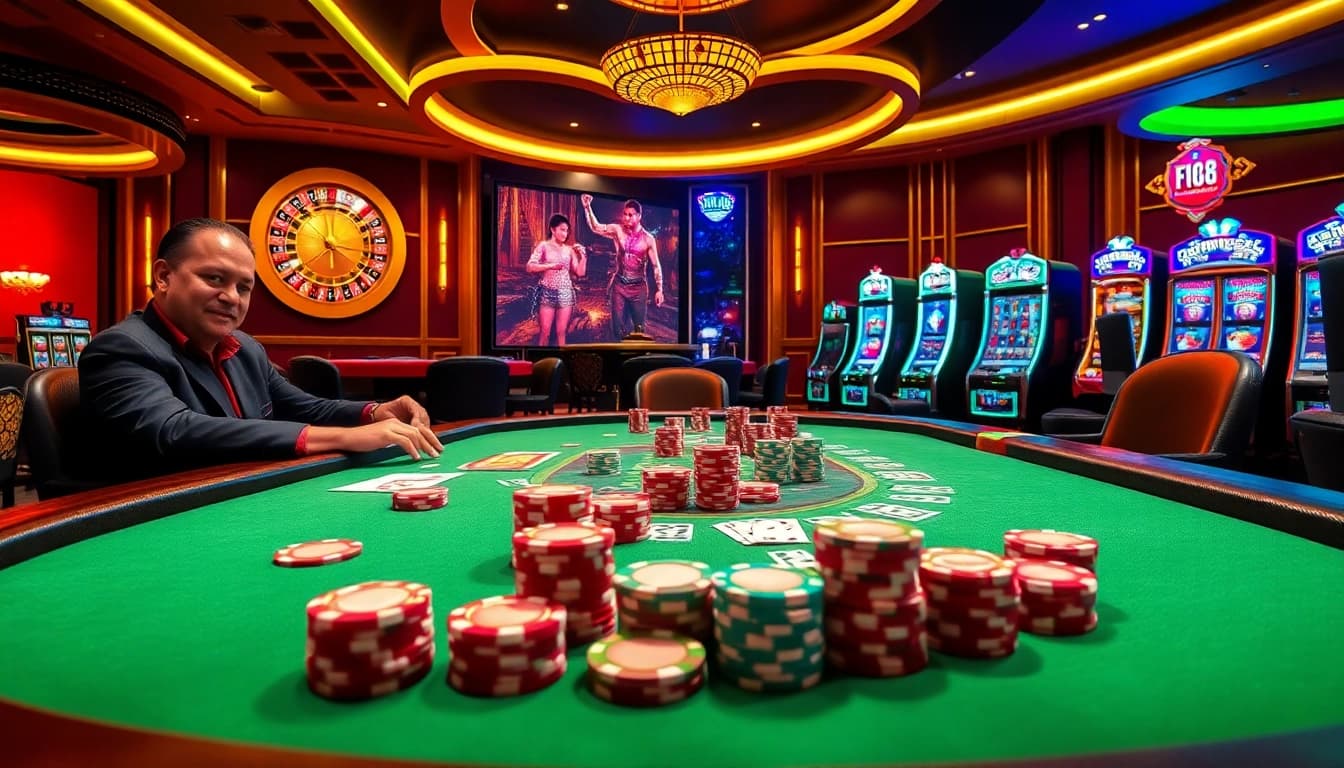 F 168 players engaging intensely at a high-stakes poker table amid vibrant casino ambiance.
