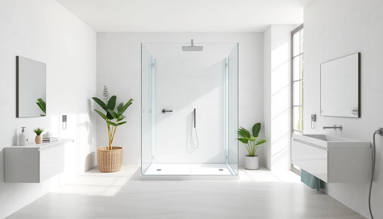 Showcase of elegant shower screens for walk in showers in a modern bathroom setting.