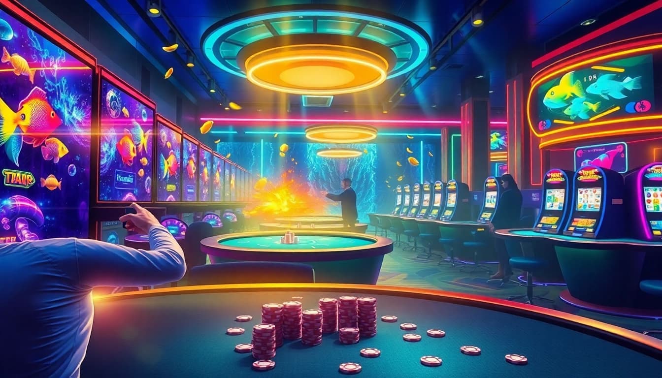 Bắn cá đổi thưởng gaming area filled with vibrant colors and thrilling action in a casino setting.