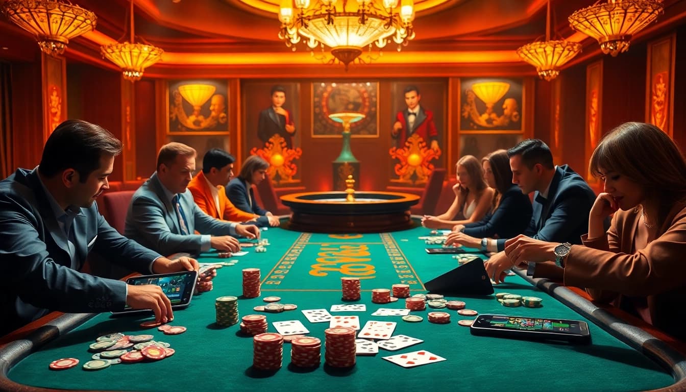 Players engaging in a heated poker game featuring the app win79 on mobile devices.