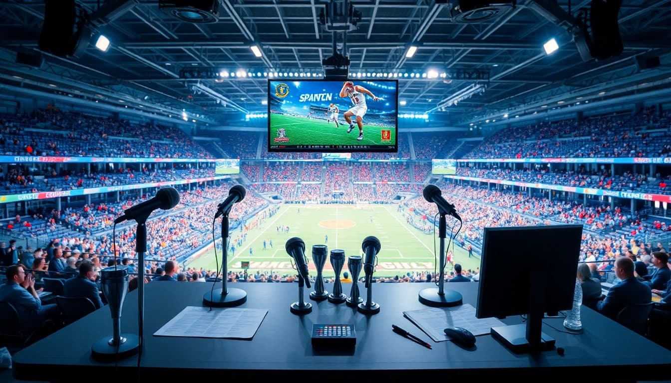 Sports Broadcasting announcer's desk with live-event displays and vibrant sports atmosphere.