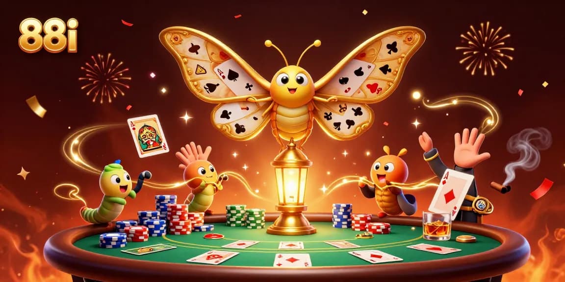 Experience exciting gameplay with 88i, featuring a 3D cartoon moth and vibrant casino elements.