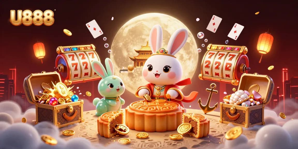 Experience thrilling action with U888's moon rabbit and poker chips in a vibrant casino scene.