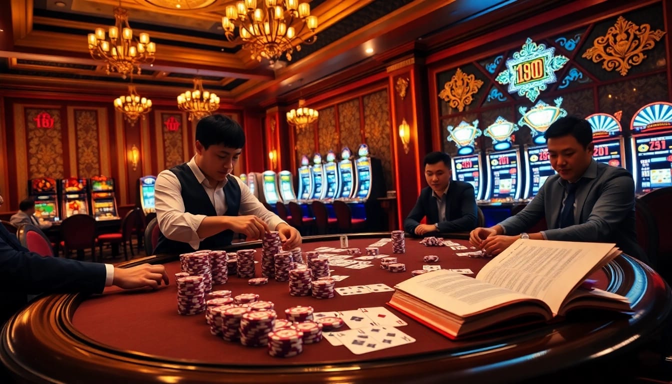 Tác giả Trần Chinh analyzes strategies at an elegant casino poker table.