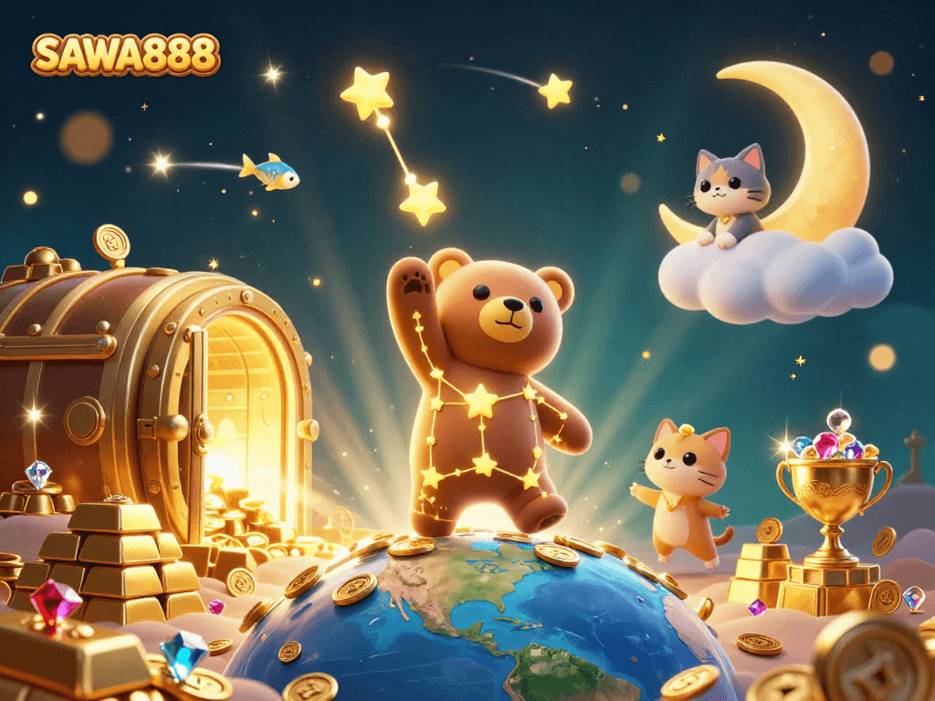 Experience the magic of SAWA888 as stars and treasures collide in a dynamic casino scene.
