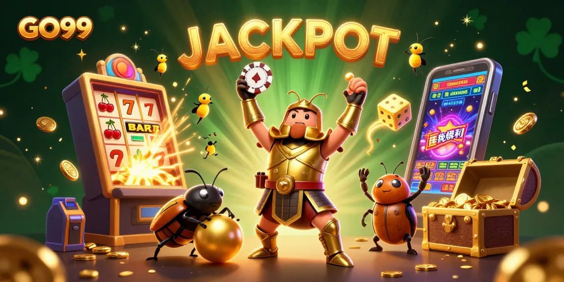 Experience GO99 with a victorious beetle and a jackpot explosion in this vibrant casino illustration