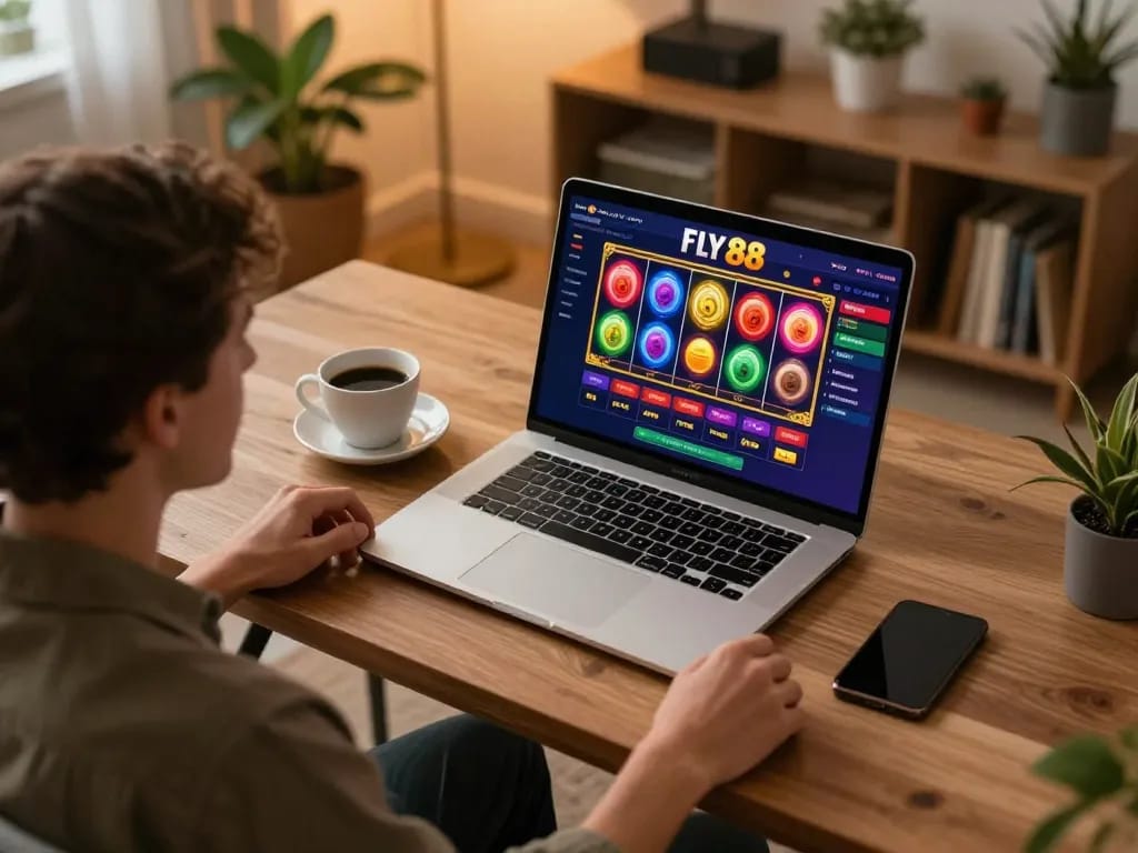 Player engaging with Fly 88 slot game on laptop at cozy home setup.