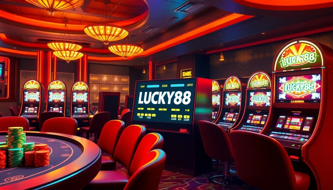 Players engaging with the LUCKY88 slot machine in a vibrant casino atmosphere filled with excitement.