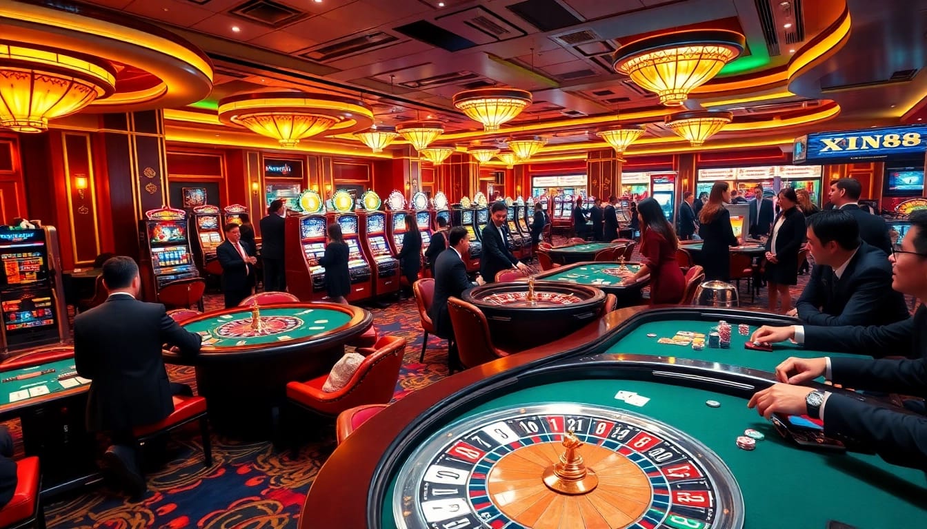 XIN88 casino players enjoying poker and roulette under luxurious lighting.