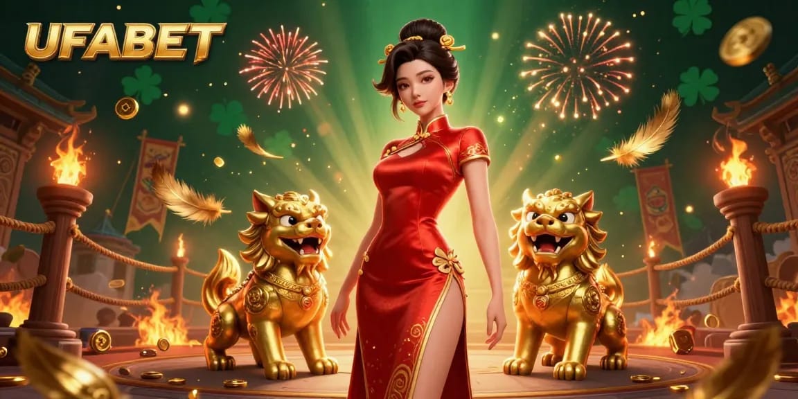 Bet high at UFABET with a glamorous woman, fortune symbols, and vibrant casino elements.