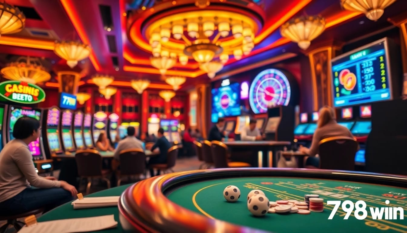Experience the thrill of 'trang chủ 78win' at an upscale casino, showcasing players in action with poker chips and slot machines.