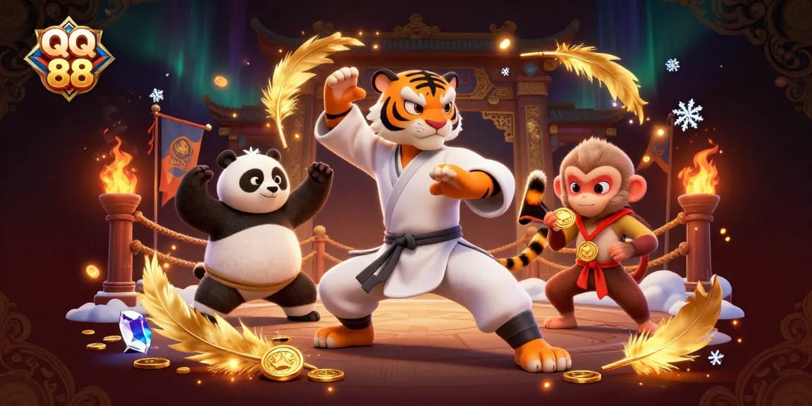 Experience QQ 88's dynamic gaming action with a masterful tiger and his disciples illustrating strategy.