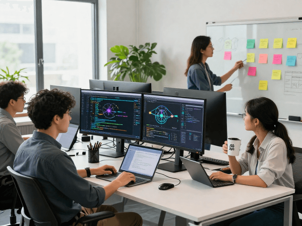 Team of developers collaborating on innovative 18+ ai projects in a modern workspace with vibrant atmosphere.