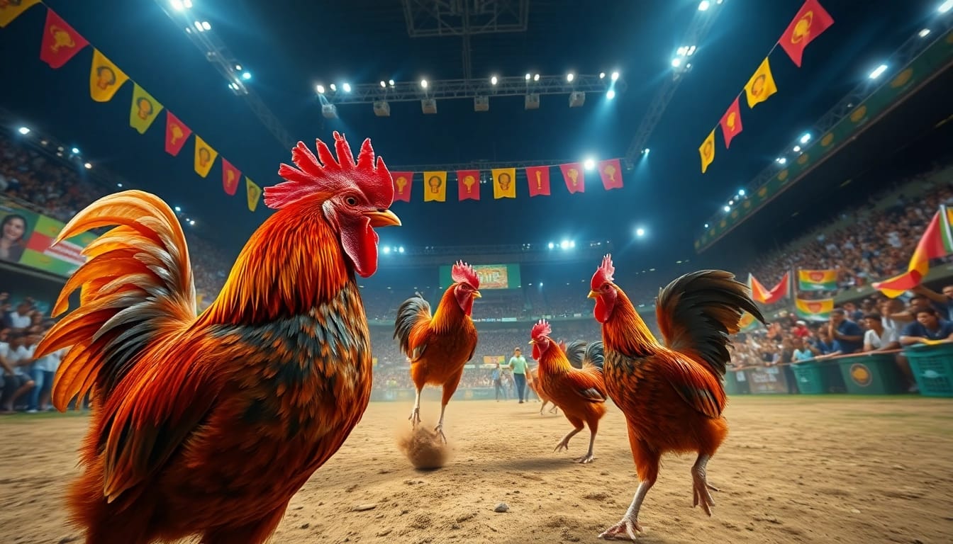Exciting online cockfighting event at SV368win.live with vibrant colors and dynamic energy.
