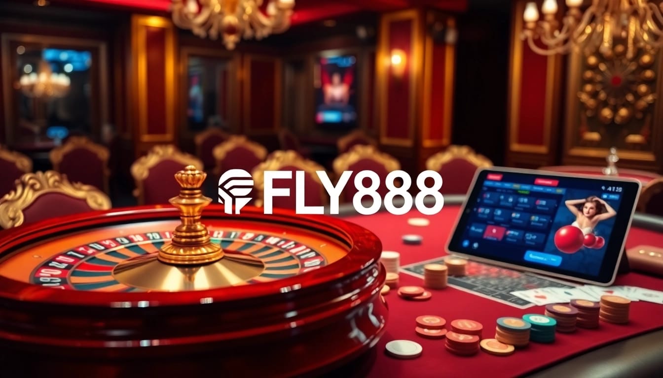 FLY88 Casino table showcasing poker chips and a roulette wheel in a luxurious setting.