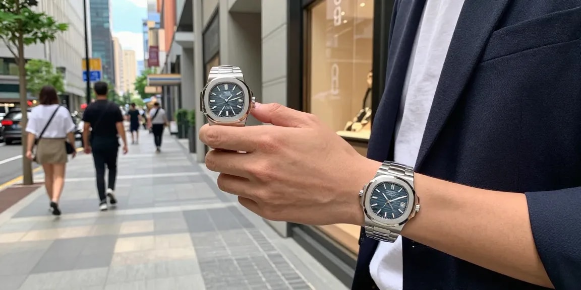 Stylish individual displaying luxury clone watches in an urban boutique environment, emphasizing the elegance of replica timepieces.