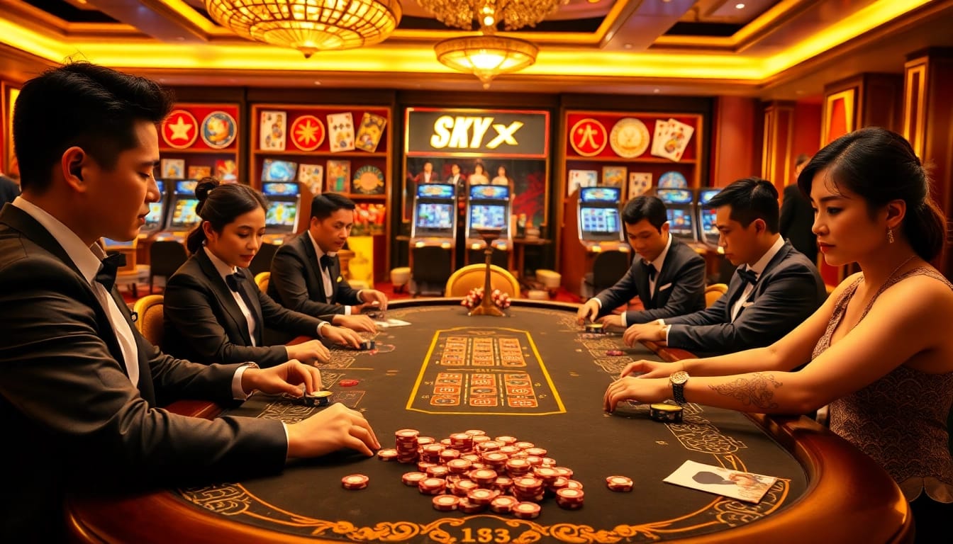 Engage in thrilling Sky88 Tài Xỉu at a luxurious casino gaming table with vibrant colors.