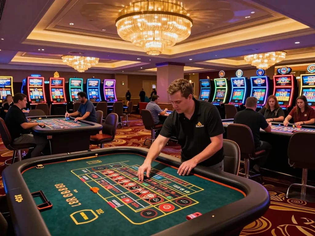 Players experiencing the thrill of betting at 888B’s modern casino gaming floor