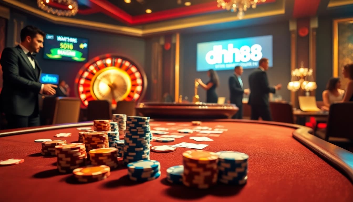 Win big at the DH88 casino with vibrant poker chips and engaging players in a luxurious setting.