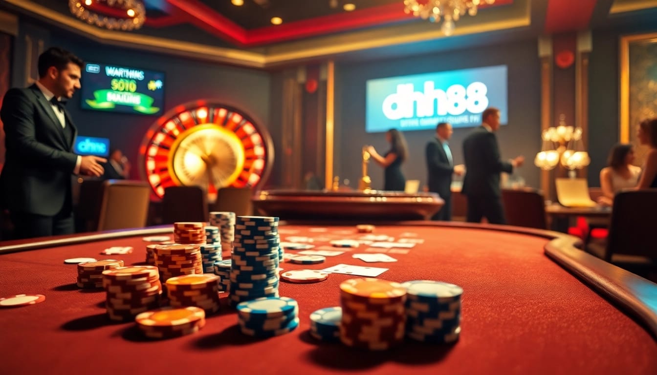 Win big at the DH88 casino with vibrant poker chips and engaging players in a luxurious setting.