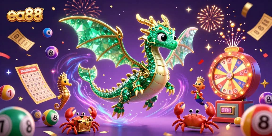 Experience winning thrills with ea88's vibrant dragon and treasure scene amid dynamic lottery elements.