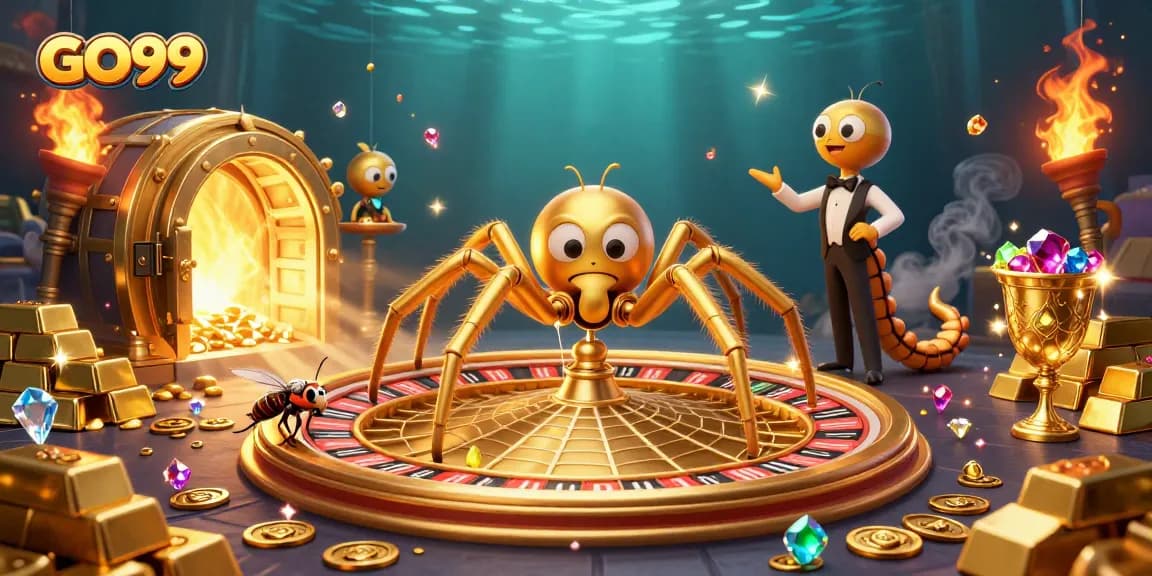 Engage with GO99 in a thrilling casino scene featuring a spider and a croupier.