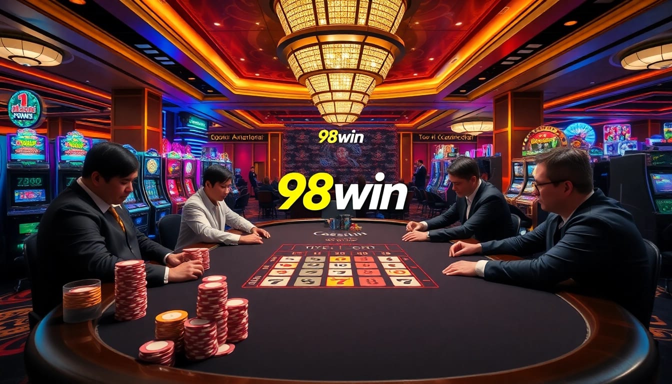 Experience a thrilling blackjack game at 98win casino with vibrant chips and players focused.