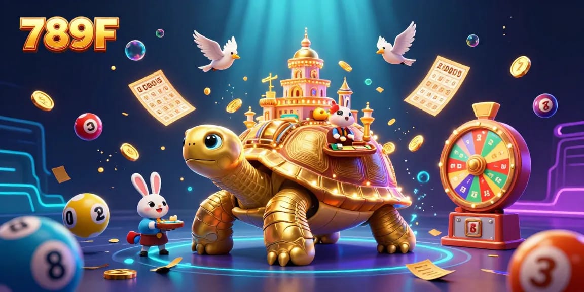 Win big with 789F's vibrant casino scene, featuring a golden tortoise and dynamic games.