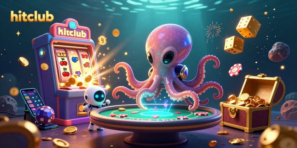 Hitclub alien octopus plays holographic poker amidst slot machines and vibrant casino elements.