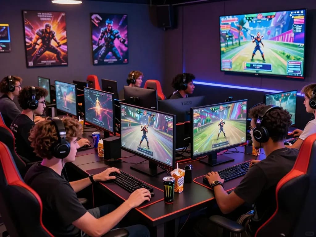 Engaging gamers playing interactive porn games online in a vibrant lounge setting.