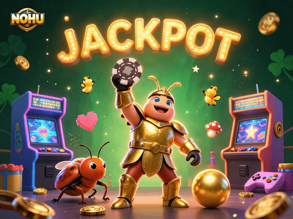 Victory scene with NOHU the beetle lifting a poker chip amidst vibrant casino elements