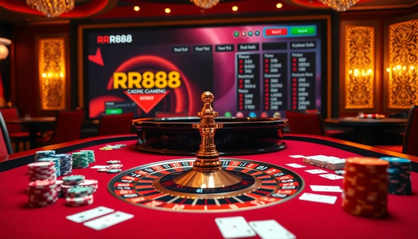 Experience the thrilling ambiance of RR88 with a vibrant casino roulette scene.