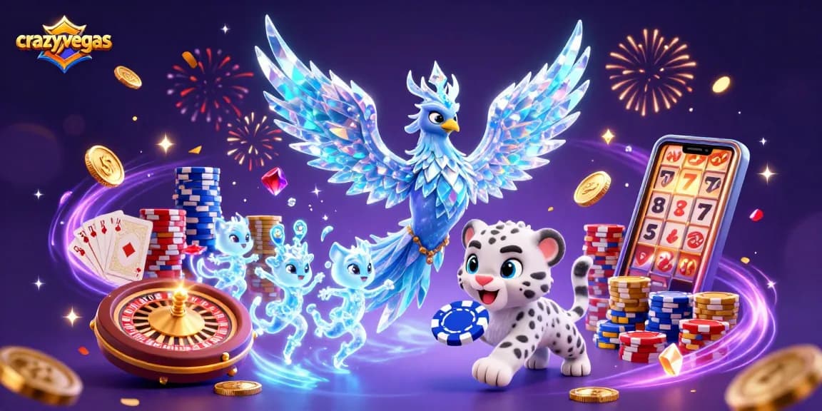 Experience excitement at crazyvegas with an ice phoenix and poker chip in a vibrant casino scene.