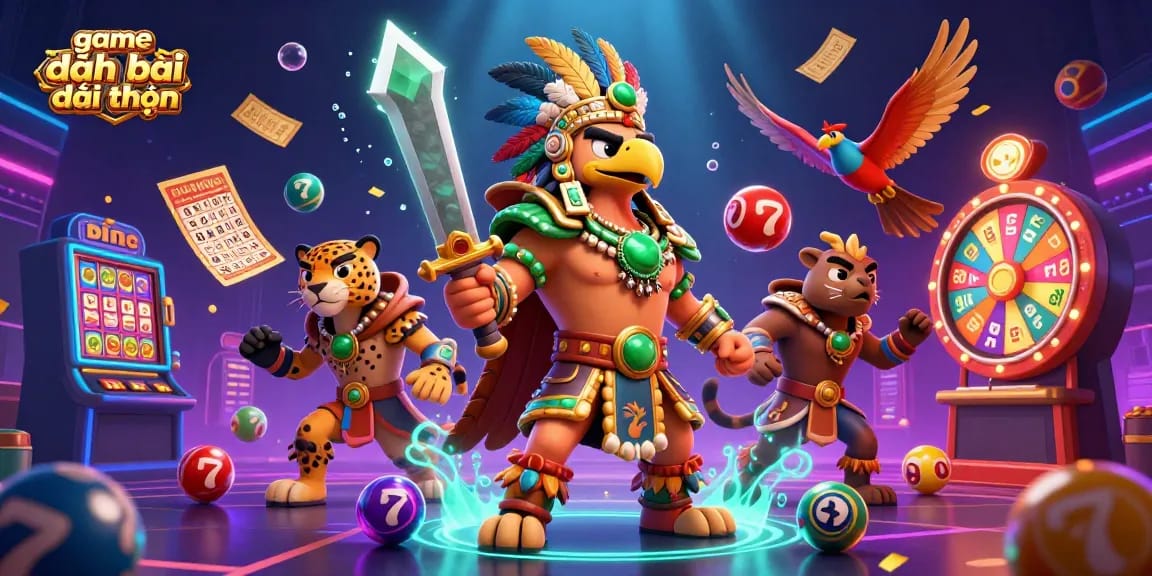 Engage in the thrilling game đánh bài đổi thưởng with colorful lottery elements and dynamic casino characters depicted in a vibrant 3D illustration.