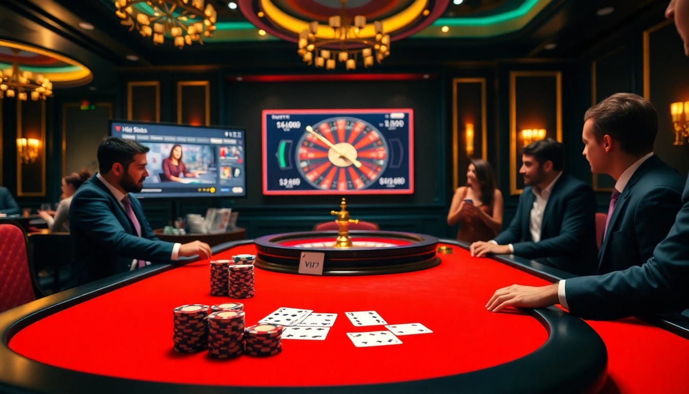 vin77 betting scene showcasing poker chips and a roulette wheel in a glamorous casino.