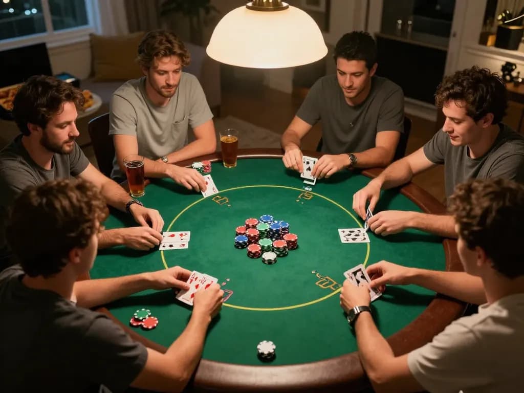 Hitclub players strategizing during an exciting home poker night with colorful chips on green felt.
