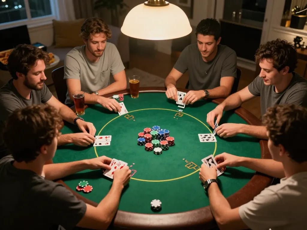 Hitclub players strategizing during an exciting home poker night with colorful chips on green felt.