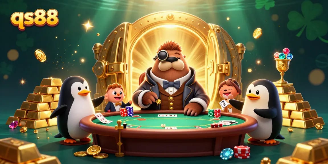 Engage in exciting poker games at qs88 with a jolly walrus and friends in a lavish underwater setting.