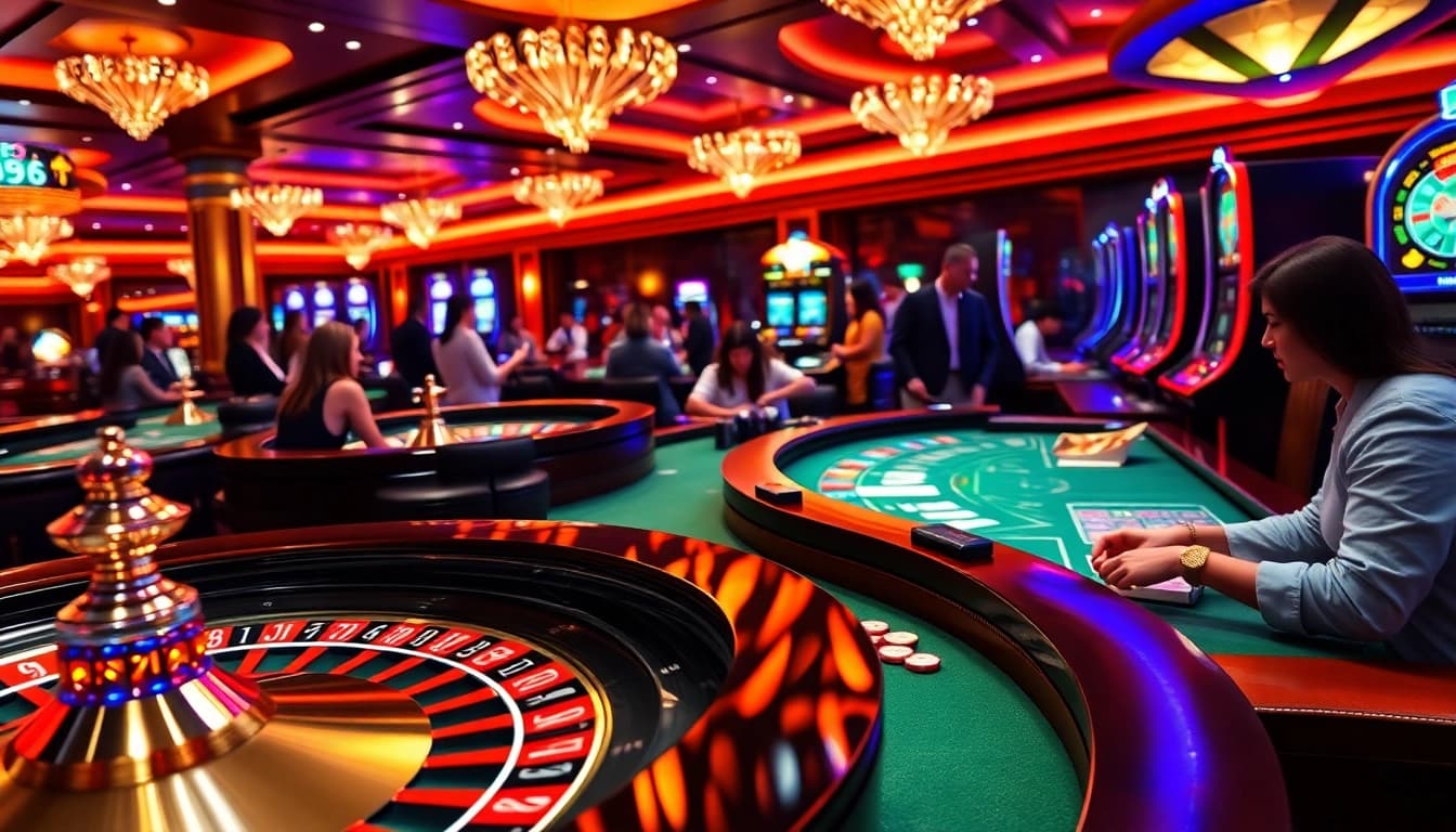 Experience the thrill of gambling at PS 99 casino with vibrant roulette wheels and poker tables.