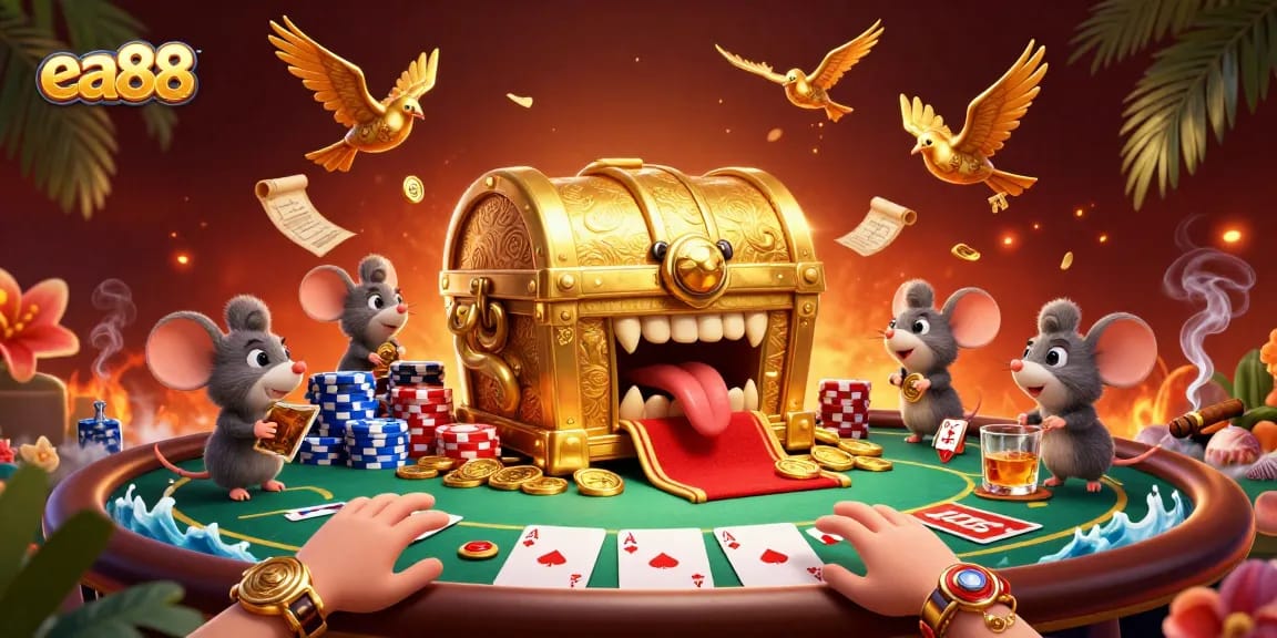 ea88 transforms your gaming experience with a vibrant 3D casino treasure chest illustration.