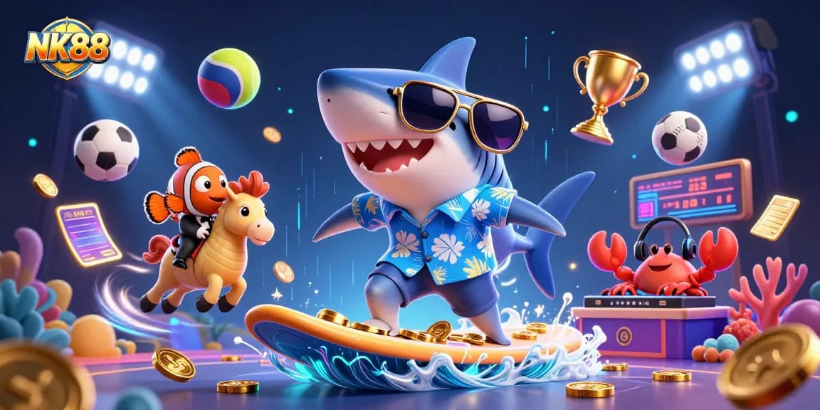 Experience gaming thrills at NK88 with diverse characters surfing gold coins amidst sports elements