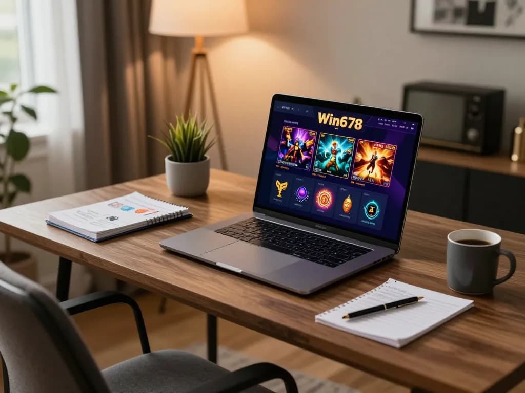 Engaging in online gaming at win678 with a modern laptop setup showcasing various games.