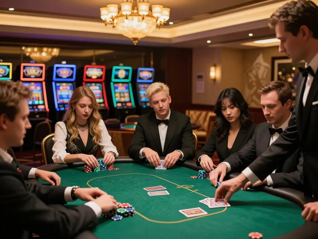 An engaged player in a high-stakes poker game at sc88 table, chips stacked, as dealer deals cards.