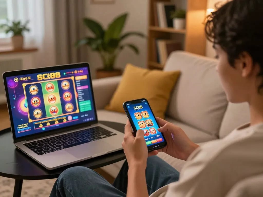 Person engaging with the SC88 app, showcasing a colorful slot game on their smartphone, in a cozy home setting.
