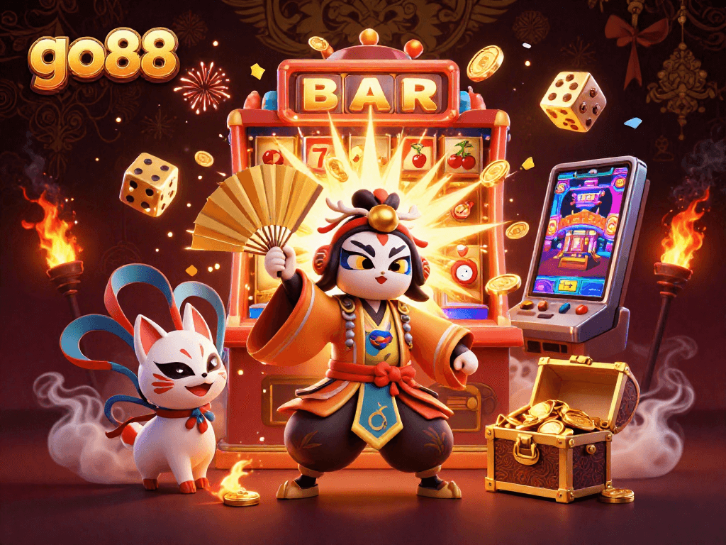 Experience gaming excitement at go88 with vibrant slot machines and rich casino elements in 3D.