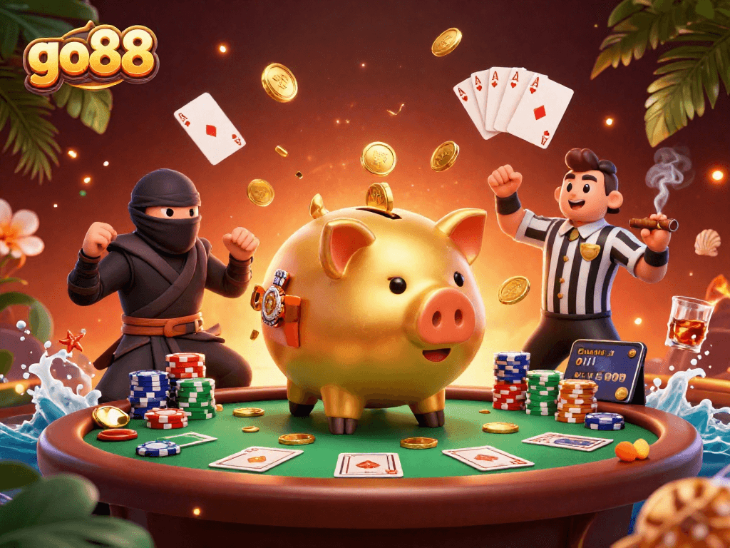 Experience exciting poker action with go88 featuring a golden piggy bank sumo wrestler!