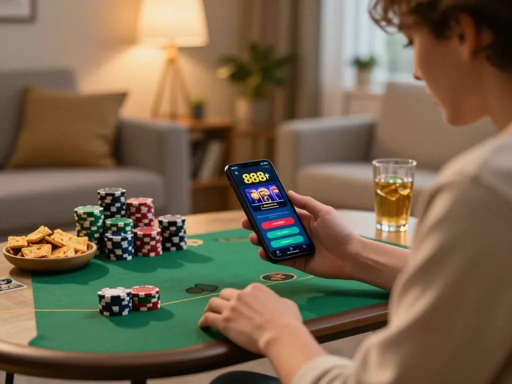 Engaging with the 888slot mobile app during a cozy home gaming session.